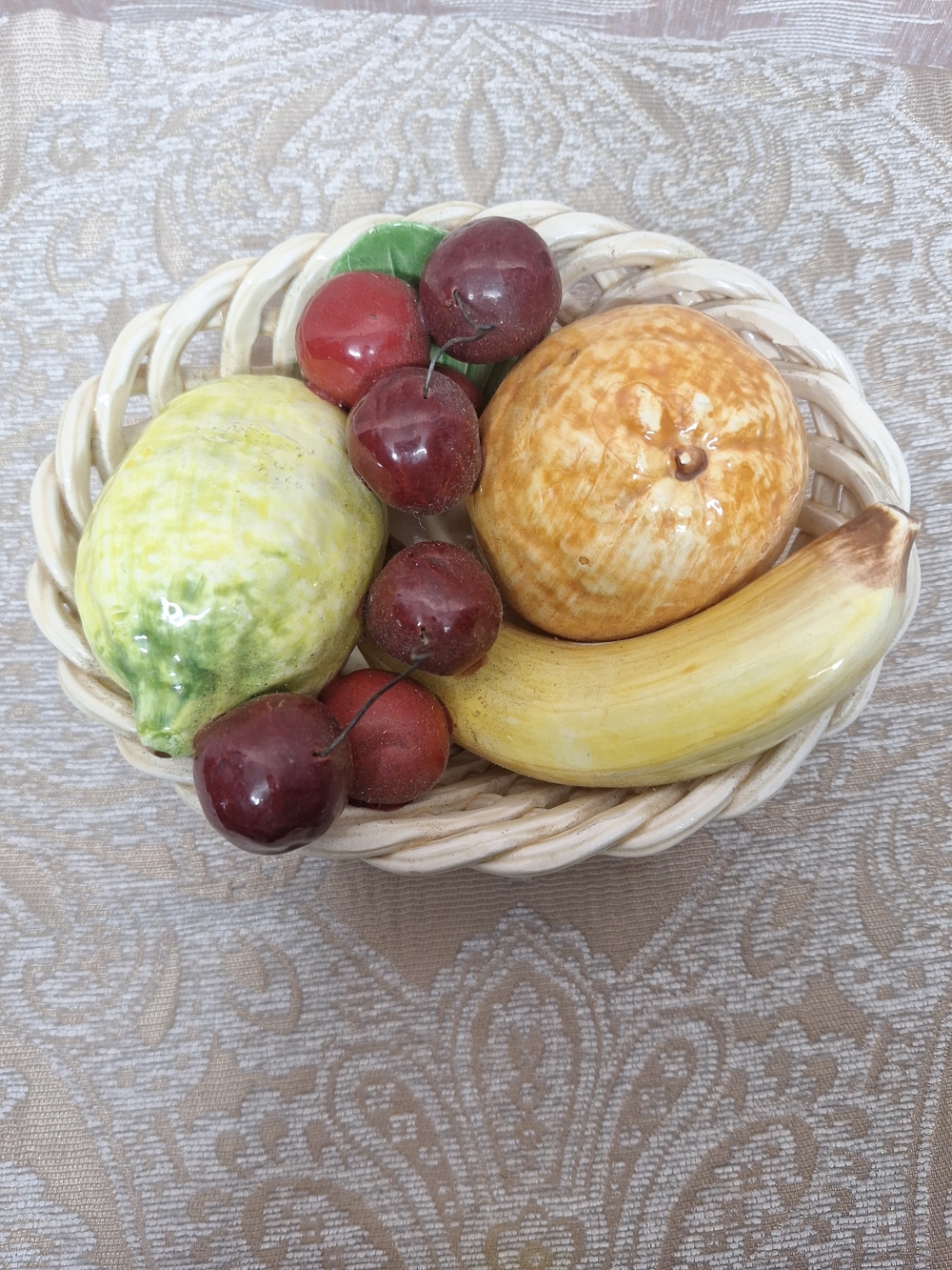Ceramic Fruit Basket Decorative Centerpiece - Yellow, Red, Green 7.5" X 6"